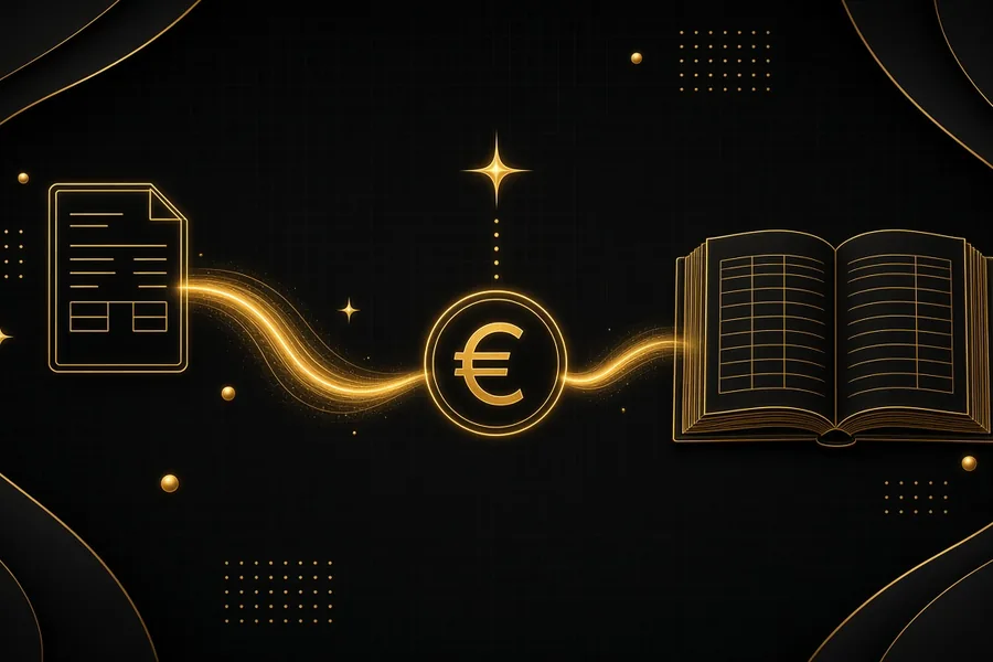 Goudkleurige illustratie van Exact Online: een factuur loopt via een euromunt het grootboek in