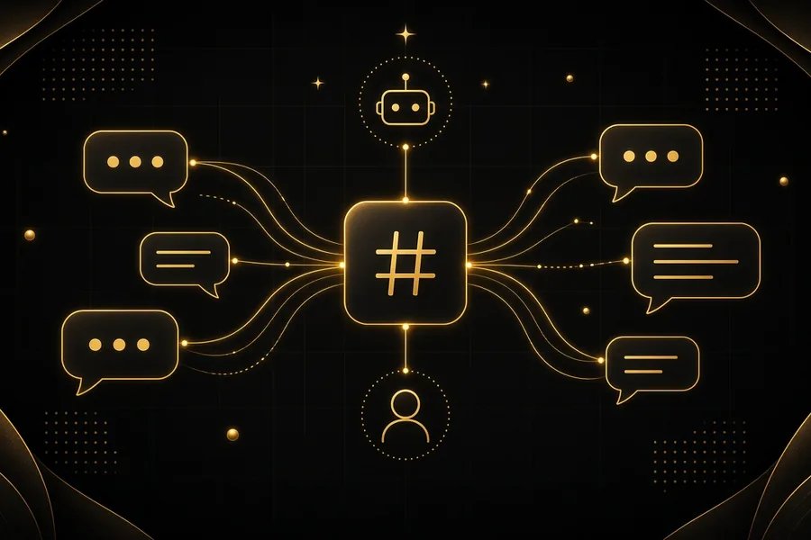 Goudkleurige illustratie van een Slack-kanaal waarin berichten, een AI-bot en een collega samenkomen