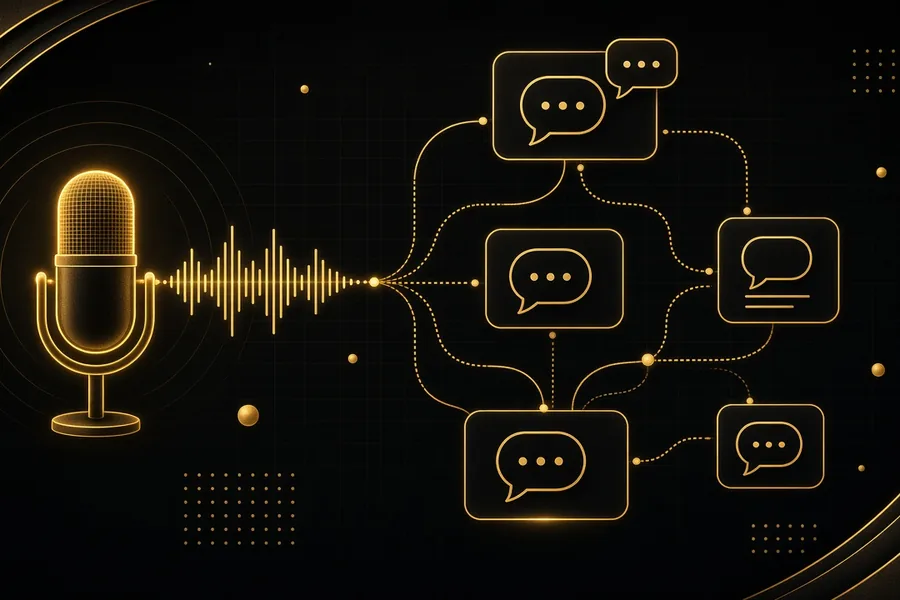 Goudkleurige illustratie van een Voiceflow-gespreksflow van microfoon en spraakgolf naar vertakte antwoorden